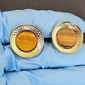 Vintage Swank Golden Brown Tiger Eye Diamond Cut Round Shiny Gold Tone Cufflinks